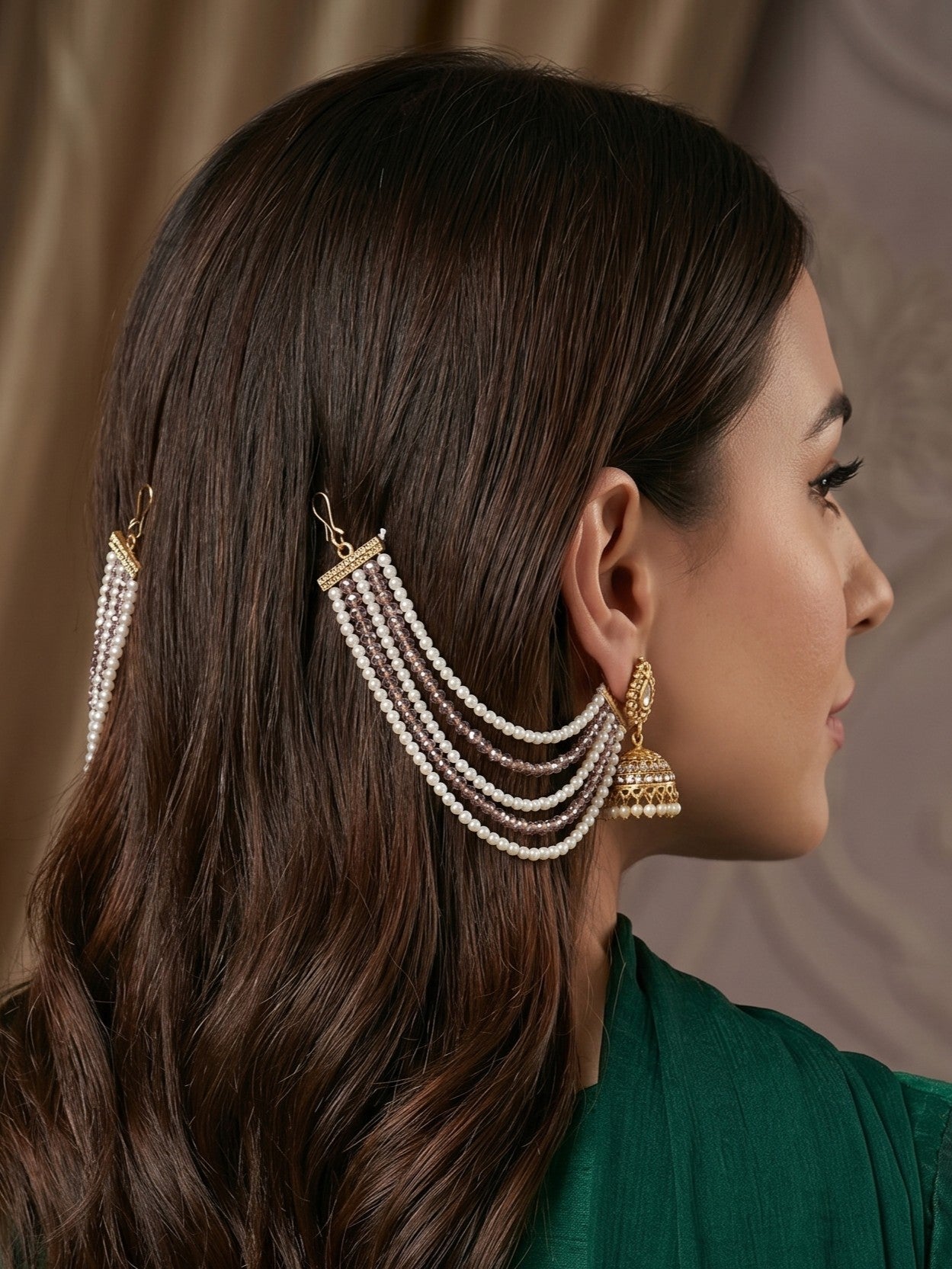 Gold Plated Multi-Layer Pearl Beaded Ear Chain for Women and Girls