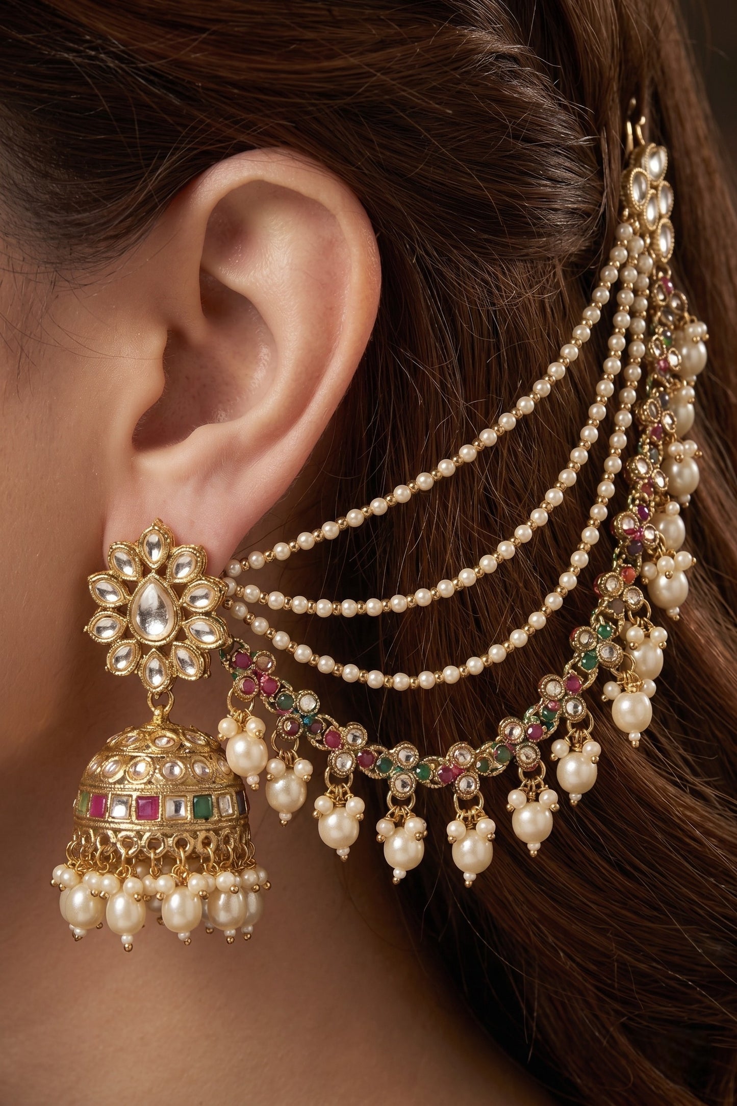 Traditional Pearl Beaded Ear Chain Accessory for Women and Girls