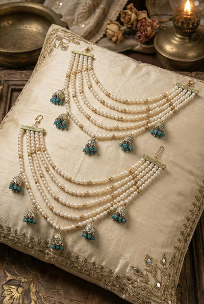 Meira Jewellery Traditional Pearl Ear Chain with Beaded Jhumki Drops, Multi-Layer Kaan Chain, Bridal Jewellery, Premium Gold Plated Indian Ethnic Hair to Ear Accessory for Wedding, Festive & Party-01