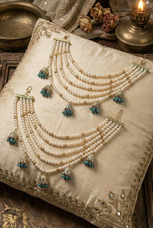 Meira Jewellery Traditional Pearl Ear Chain with Beaded Jhumki Drops, Multi-Layer Kaan Chain, Bridal Jewellery, Premium Gold Plated Indian Ethnic Hair to Ear Accessory for Wedding, Festive & Party-01