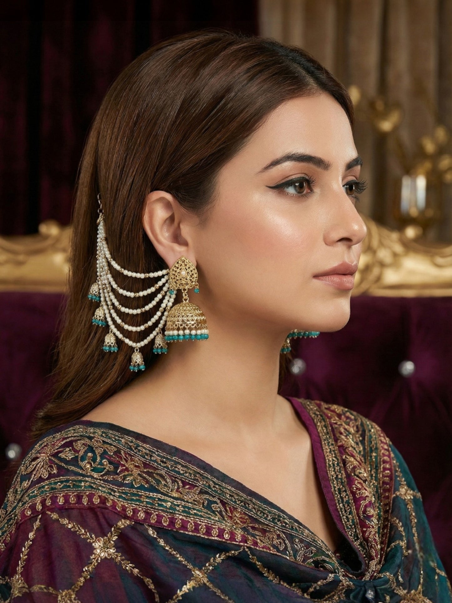 Meira Jewellery Traditional Pearl Ear Chain with Beaded Jhumki Drops, Multi-Layer Kaan Chain, Bridal Jewellery, Premium Gold Plated Indian Ethnic Hair to Ear Accessory for Wedding, Festive & Party-01
