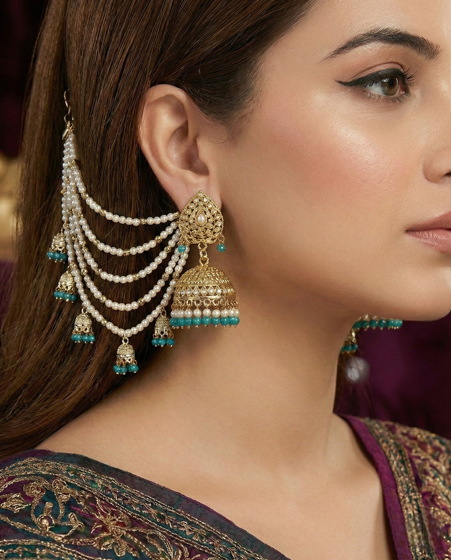 Meira Jewellery Traditional Pearl Ear Chain with Beaded Jhumki Drops, Multi-Layer Kaan Chain, Bridal Jewellery, Premium Gold Plated Indian Ethnic Hair to Ear Accessory for Wedding, Festive & Party-01