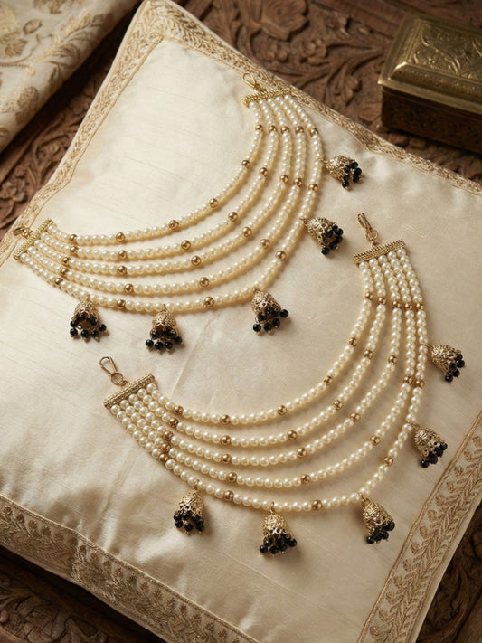 Meira Jewellery Traditional Pearl Ear Chain with Beaded Jhumki Drops, Multi-Layer Kaan Chain, Bridal Jewellery, Premium Gold Plated Indian Ethnic Hair to Ear Accessory for Wedding, Festive & Party-10