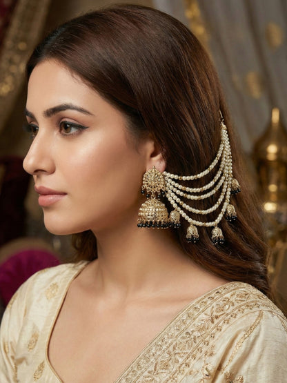 Meira Jewellery Traditional Pearl Ear Chain with Beaded Jhumki Drops, Multi-Layer Kaan Chain, Bridal Jewellery, Premium Gold Plated Indian Ethnic Hair to Ear Accessory for Wedding, Festive & Party-10