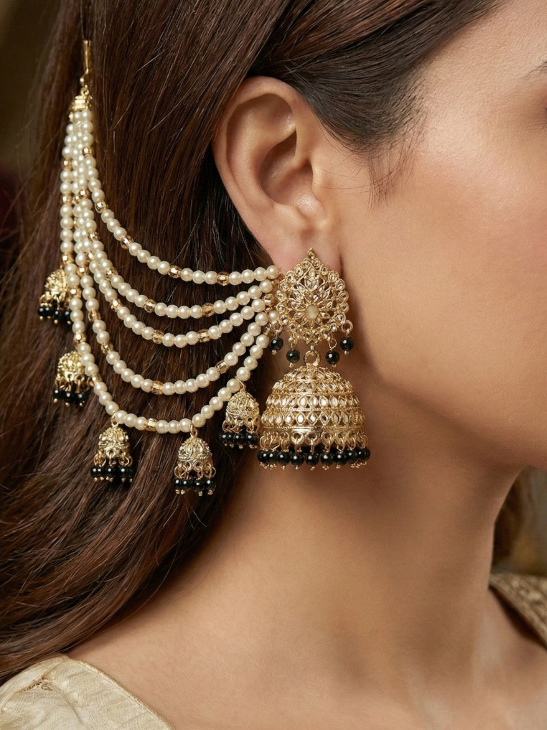 Meira Jewellery Traditional Pearl Ear Chain with Beaded Jhumki Drops, Multi-Layer Kaan Chain, Bridal Jewellery, Premium Gold Plated Indian Ethnic Hair to Ear Accessory for Wedding, Festive & Party-10