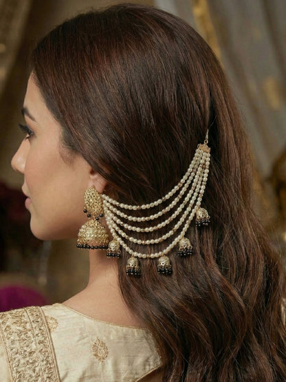 Meira Jewellery Traditional Pearl Ear Chain with Beaded Jhumki Drops, Multi-Layer Kaan Chain, Bridal Jewellery, Premium Gold Plated Indian Ethnic Hair to Ear Accessory for Wedding, Festive & Party-10
