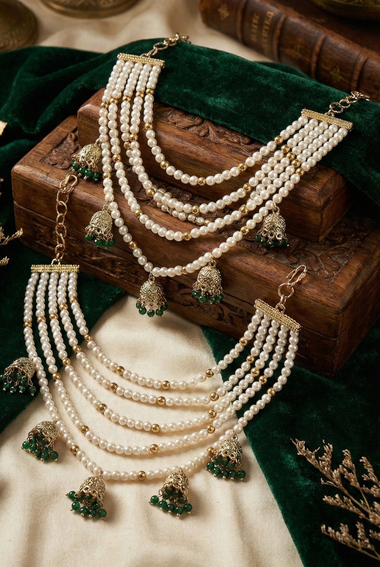 Meira Jewellery Traditional Pearl Ear Chain with Beaded Jhumki Drops, Multi-Layer Kaan Chain, Bridal Jewellery, Premium Gold Plated Indian Ethnic Hair to Ear Accessory for Wedding, Festive & Party-02
