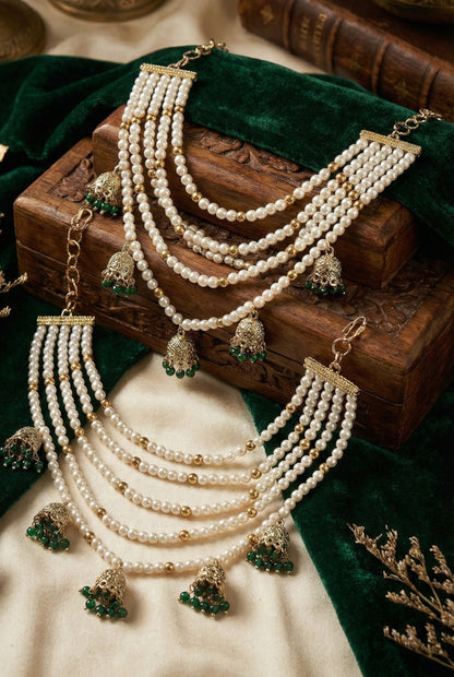 Meira Jewellery Traditional Pearl Ear Chain with Beaded Jhumki Drops, Multi-Layer Kaan Chain, Bridal Jewellery, Premium Gold Plated Indian Ethnic Hair to Ear Accessory for Wedding, Festive & Party-02