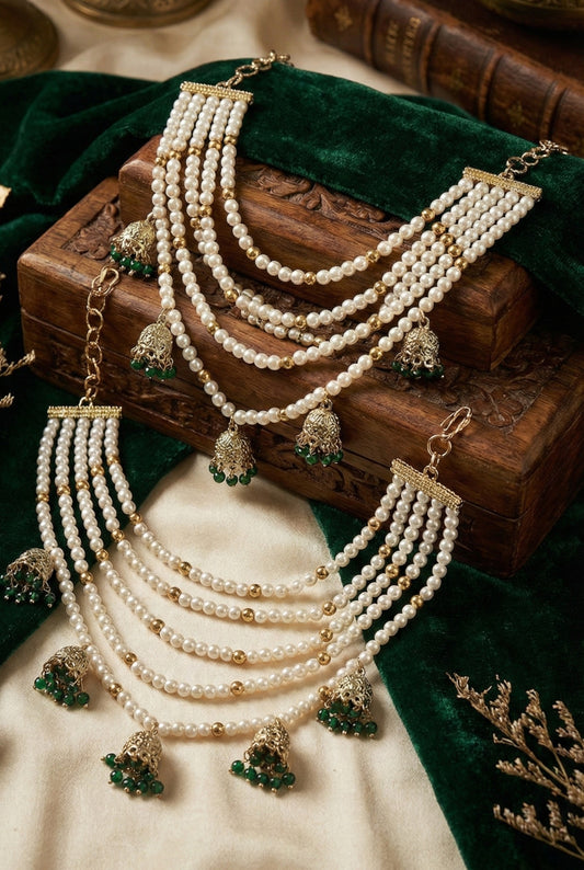 Meira Jewellery Traditional Pearl Ear Chain with Beaded Jhumki Drops, Multi-Layer Kaan Chain, Bridal Jewellery, Premium Gold Plated Indian Ethnic Hair to Ear Accessory for Wedding, Festive & Party-02