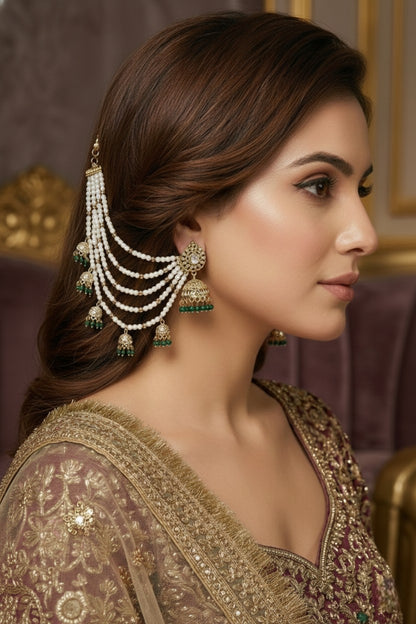 Meira Jewellery Traditional Pearl Ear Chain with Beaded Jhumki Drops, Multi-Layer Kaan Chain, Bridal Jewellery, Premium Gold Plated Indian Ethnic Hair to Ear Accessory for Wedding, Festive & Party-02