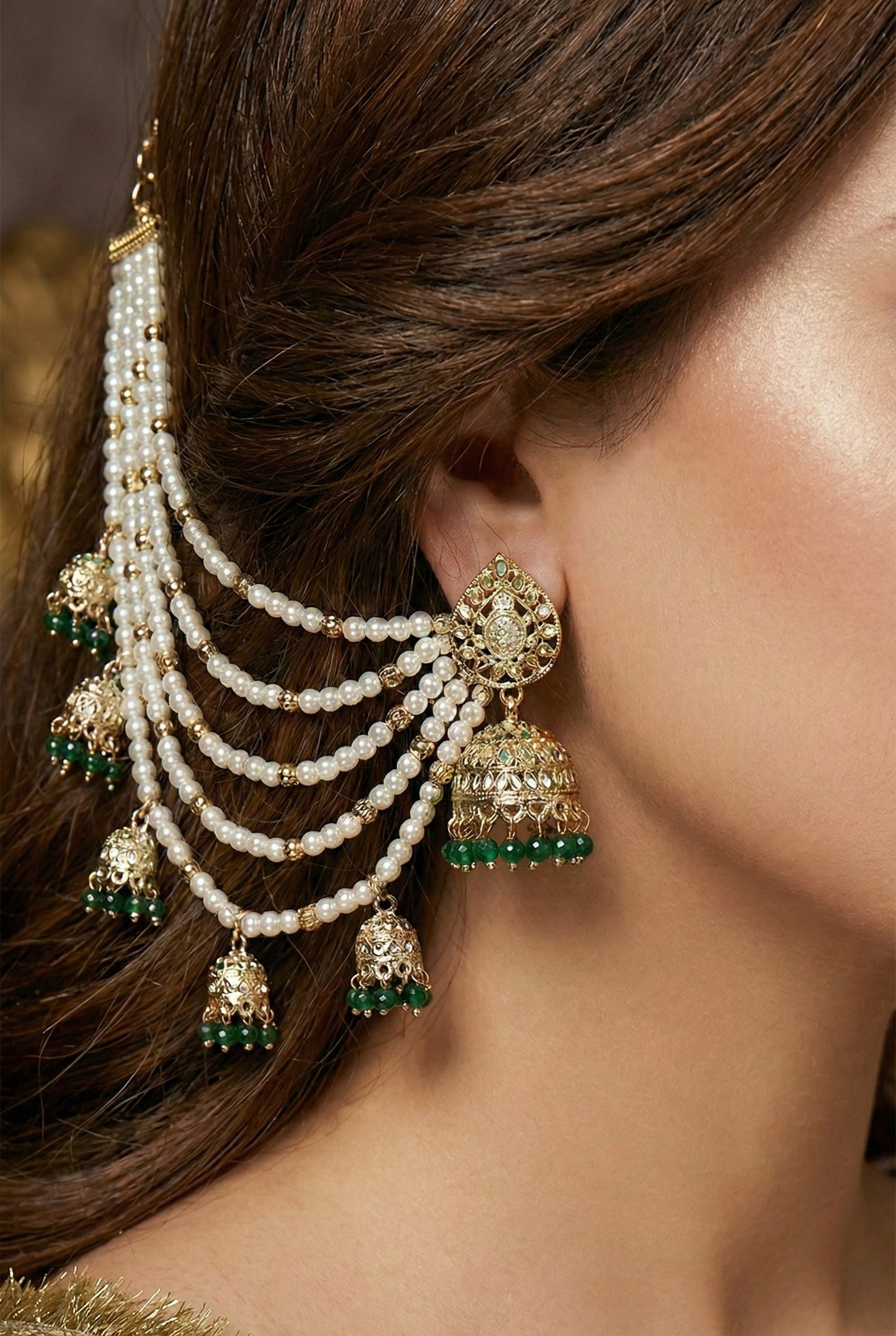 Meira Jewellery Traditional Pearl Ear Chain with Beaded Jhumki Drops, Multi-Layer Kaan Chain, Bridal Jewellery, Premium Gold Plated Indian Ethnic Hair to Ear Accessory for Wedding, Festive & Party-02