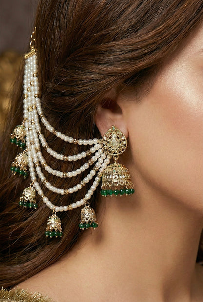 Meira Jewellery Traditional Pearl Ear Chain with Beaded Jhumki Drops, Multi-Layer Kaan Chain, Bridal Jewellery, Premium Gold Plated Indian Ethnic Hair to Ear Accessory for Wedding, Festive & Party-02