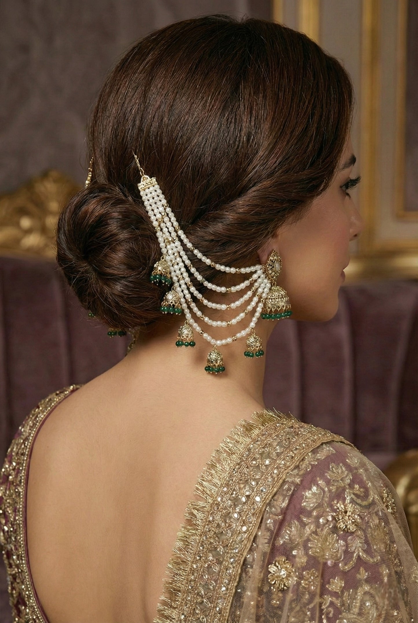 Meira Jewellery Traditional Pearl Ear Chain with Beaded Jhumki Drops, Multi-Layer Kaan Chain, Bridal Jewellery, Premium Gold Plated Indian Ethnic Hair to Ear Accessory for Wedding, Festive & Party-02