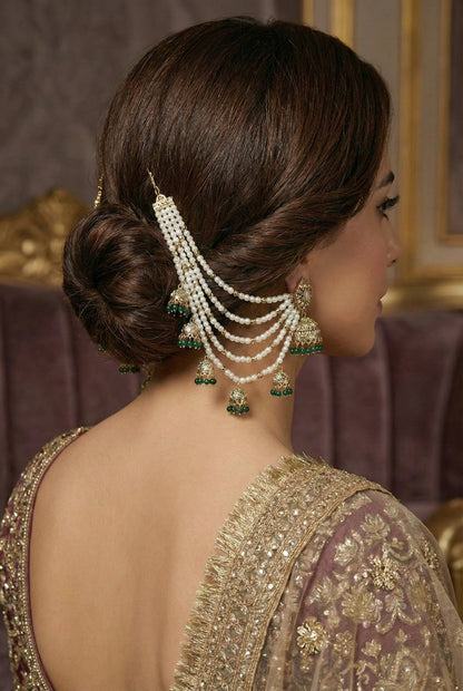 Meira Jewellery Traditional Pearl Ear Chain with Beaded Jhumki Drops, Multi-Layer Kaan Chain, Bridal Jewellery, Premium Gold Plated Indian Ethnic Hair to Ear Accessory for Wedding, Festive & Party-02