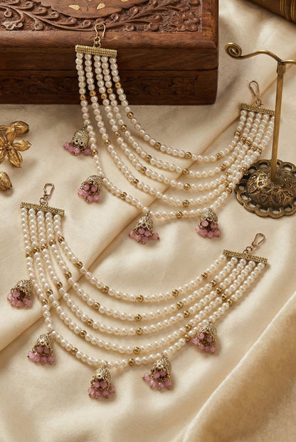 Meira Jewellery Traditional Pearl Ear Chain with Beaded Jhumki Drops, Multi-Layer Kaan Chain, Bridal Jewellery, Premium Gold Plated Indian Ethnic Hair to Ear Accessory for Wedding, Festive & Party-03