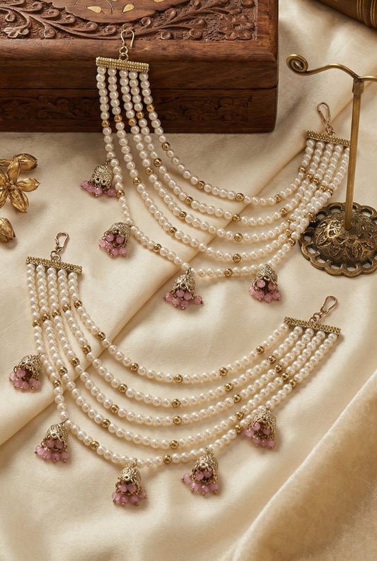 Meira Jewellery Traditional Pearl Ear Chain with Beaded Jhumki Drops, Multi-Layer Kaan Chain, Bridal Jewellery, Premium Gold Plated Indian Ethnic Hair to Ear Accessory for Wedding, Festive & Party-03
