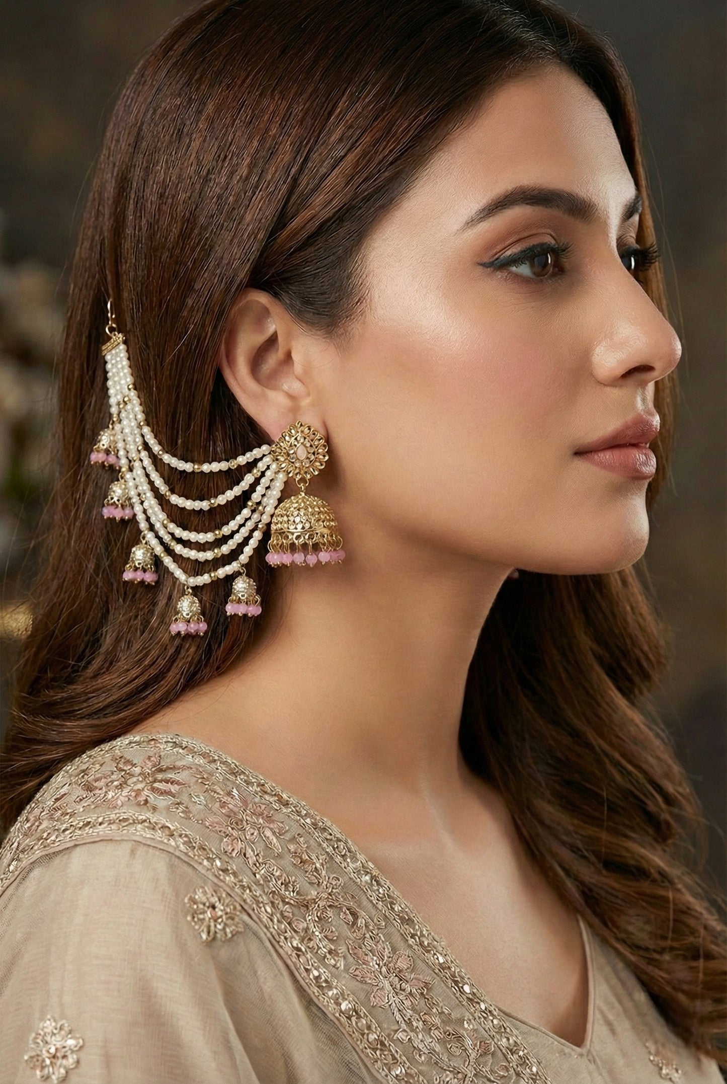 Meira Jewellery Traditional Pearl Ear Chain with Beaded Jhumki Drops, Multi-Layer Kaan Chain, Bridal Jewellery, Premium Gold Plated Indian Ethnic Hair to Ear Accessory for Wedding, Festive & Party-03