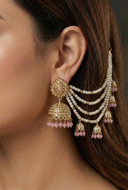 Meira Jewellery Traditional Pearl Ear Chain with Beaded Jhumki Drops, Multi-Layer Kaan Chain, Bridal Jewellery, Premium Gold Plated Indian Ethnic Hair to Ear Accessory for Wedding, Festive & Party-03