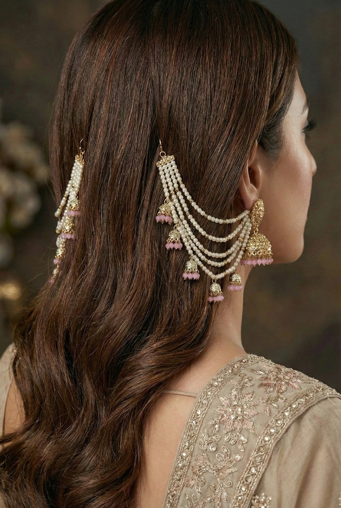 Meira Jewellery Traditional Pearl Ear Chain with Beaded Jhumki Drops, Multi-Layer Kaan Chain, Bridal Jewellery, Premium Gold Plated Indian Ethnic Hair to Ear Accessory for Wedding, Festive & Party-03