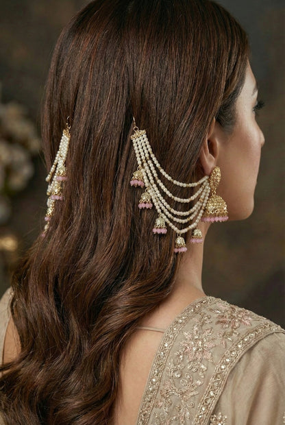 Meira Jewellery Traditional Pearl Ear Chain with Beaded Jhumki Drops, Multi-Layer Kaan Chain, Bridal Jewellery, Premium Gold Plated Indian Ethnic Hair to Ear Accessory for Wedding, Festive & Party-03
