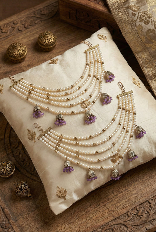 Meira Jewellery Traditional Pearl Ear Chain with Beaded Jhumki Drops, Multi-Layer Kaan Chain, Bridal Jewellery, Premium Gold Plated Indian Ethnic Hair to Ear Accessory for Wedding, Festive & Party-04