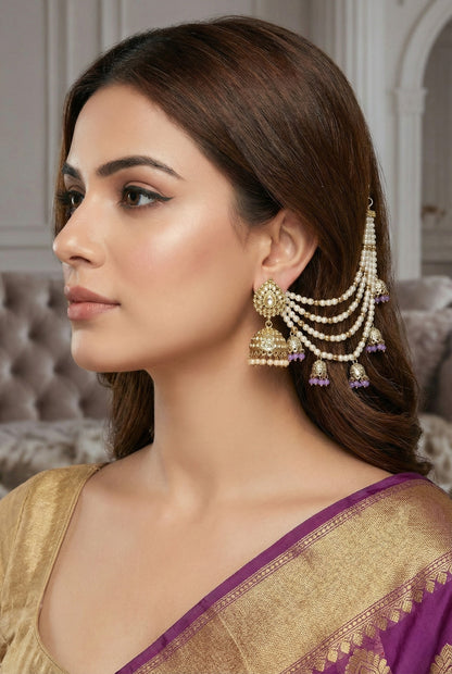 Meira Jewellery Traditional Pearl Ear Chain with Beaded Jhumki Drops, Multi-Layer Kaan Chain, Bridal Jewellery, Premium Gold Plated Indian Ethnic Hair to Ear Accessory for Wedding, Festive & Party-04