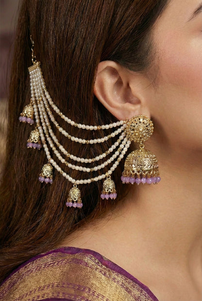 Meira Jewellery Traditional Pearl Ear Chain with Beaded Jhumki Drops, Multi-Layer Kaan Chain, Bridal Jewellery, Premium Gold Plated Indian Ethnic Hair to Ear Accessory for Wedding, Festive & Party-04