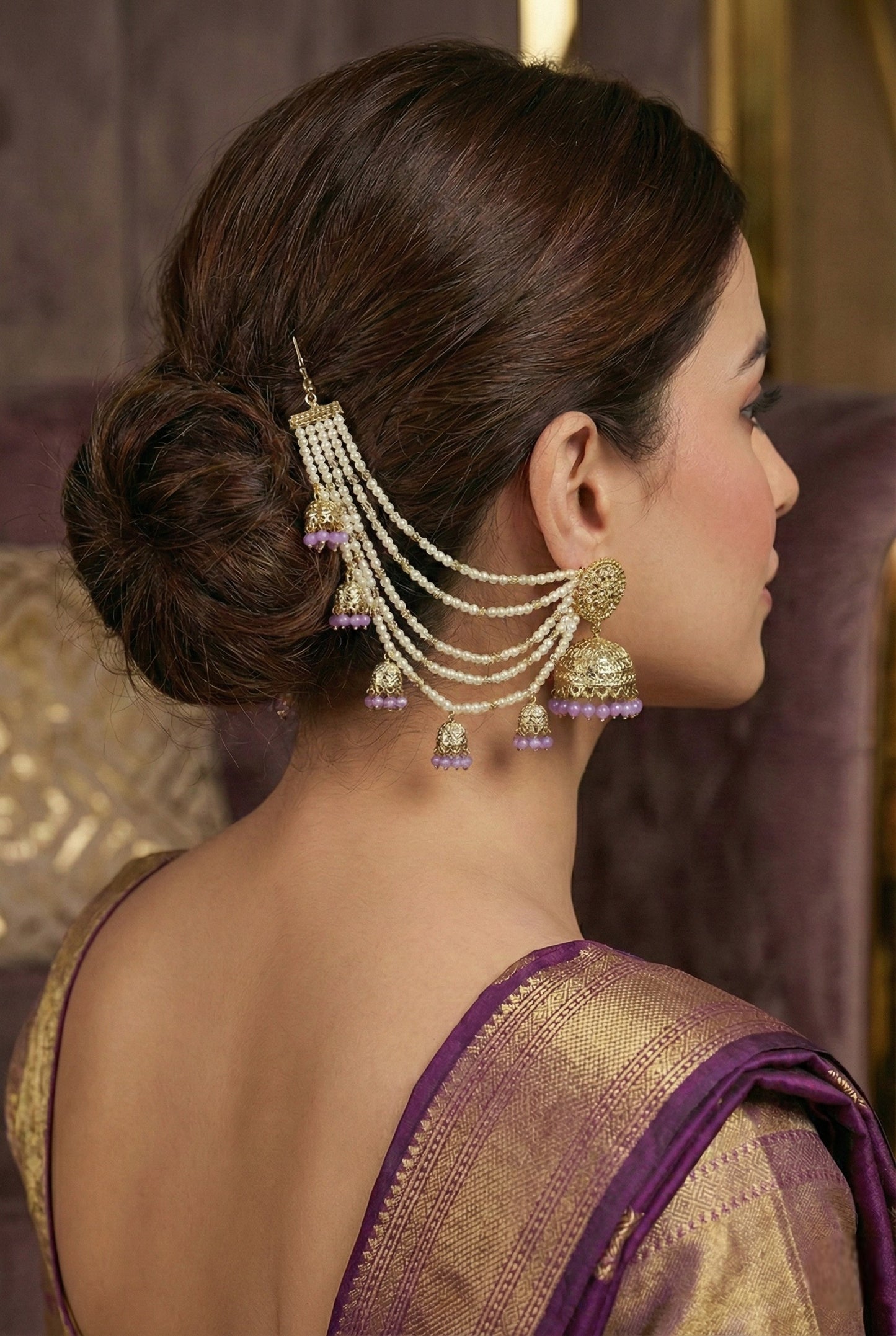 Meira Jewellery Traditional Pearl Ear Chain with Beaded Jhumki Drops, Multi-Layer Kaan Chain, Bridal Jewellery, Premium Gold Plated Indian Ethnic Hair to Ear Accessory for Wedding, Festive & Party-04