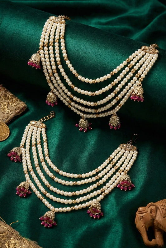 Meira Jewellery Traditional Pearl Ear Chain with Beaded Jhumki Drops, Multi-Layer Kaan Chain, Bridal Jewellery, Premium Gold Plated Indian Ethnic Hair to Ear Accessory for Wedding, Festive & Party-05