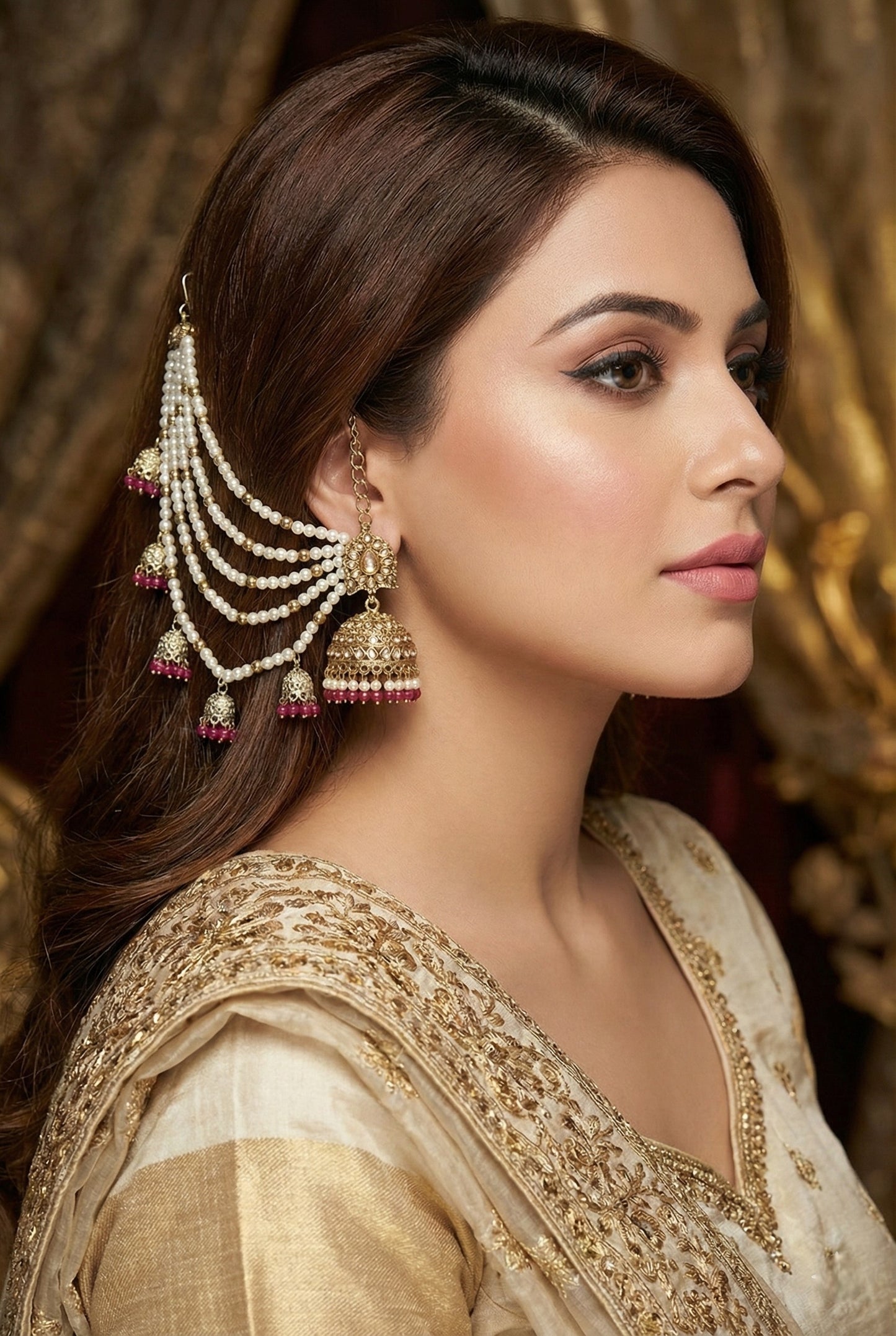 Meira Jewellery Traditional Pearl Ear Chain with Beaded Jhumki Drops, Multi-Layer Kaan Chain, Bridal Jewellery, Premium Gold Plated Indian Ethnic Hair to Ear Accessory for Wedding, Festive & Party-05