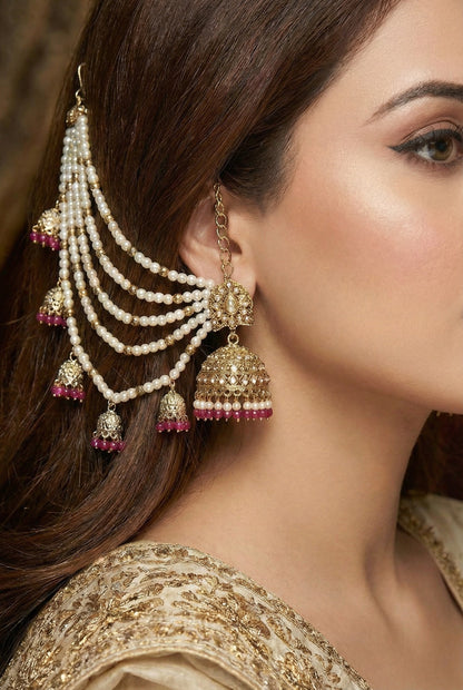 Meira Jewellery Traditional Pearl Ear Chain with Beaded Jhumki Drops, Multi-Layer Kaan Chain, Bridal Jewellery, Premium Gold Plated Indian Ethnic Hair to Ear Accessory for Wedding, Festive & Party-05