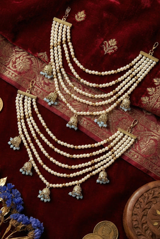 Meira Jewellery Traditional Pearl Ear Chain with Beaded Jhumki Drops, Multi-Layer Kaan Chain, Bridal Jewellery, Premium Gold Plated Indian Ethnic Hair to Ear Accessory for Wedding, Festive & Party-06
