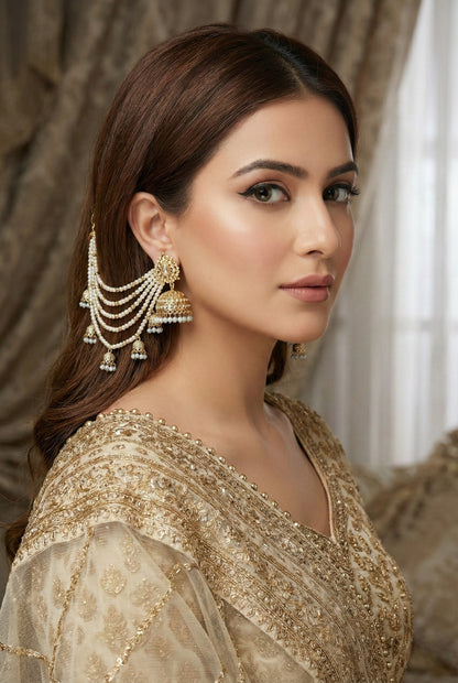Meira Jewellery Traditional Pearl Ear Chain with Beaded Jhumki Drops, Multi-Layer Kaan Chain, Bridal Jewellery, Premium Gold Plated Indian Ethnic Hair to Ear Accessory for Wedding, Festive & Party-06