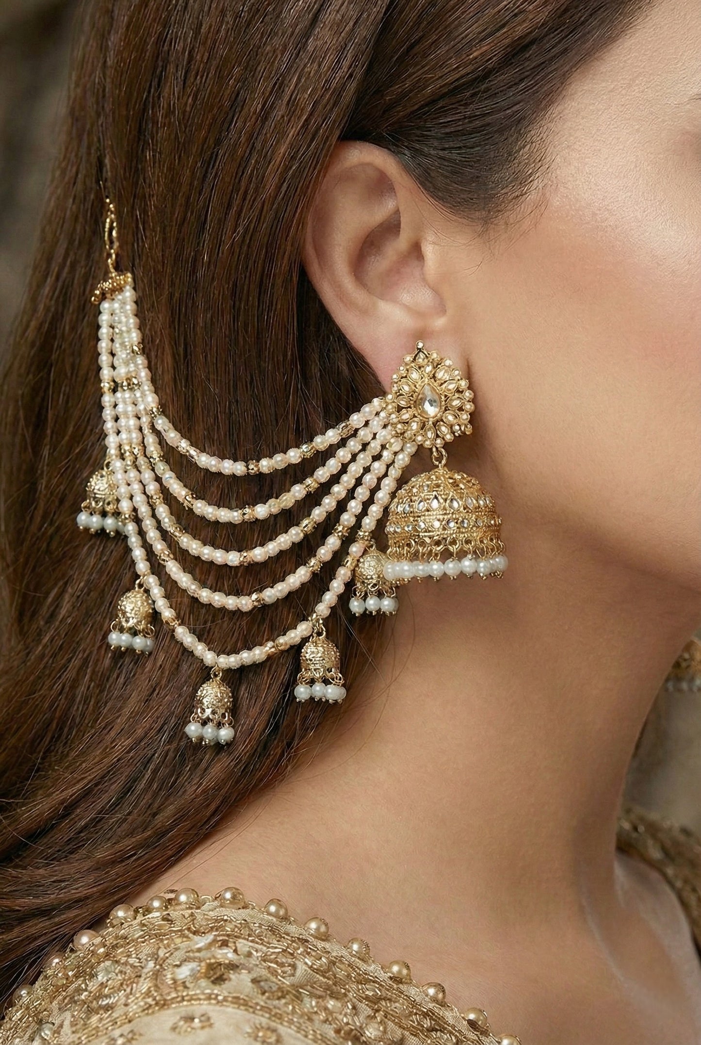 Meira Jewellery Traditional Pearl Ear Chain with Beaded Jhumki Drops, Multi-Layer Kaan Chain, Bridal Jewellery, Premium Gold Plated Indian Ethnic Hair to Ear Accessory for Wedding, Festive & Party-06