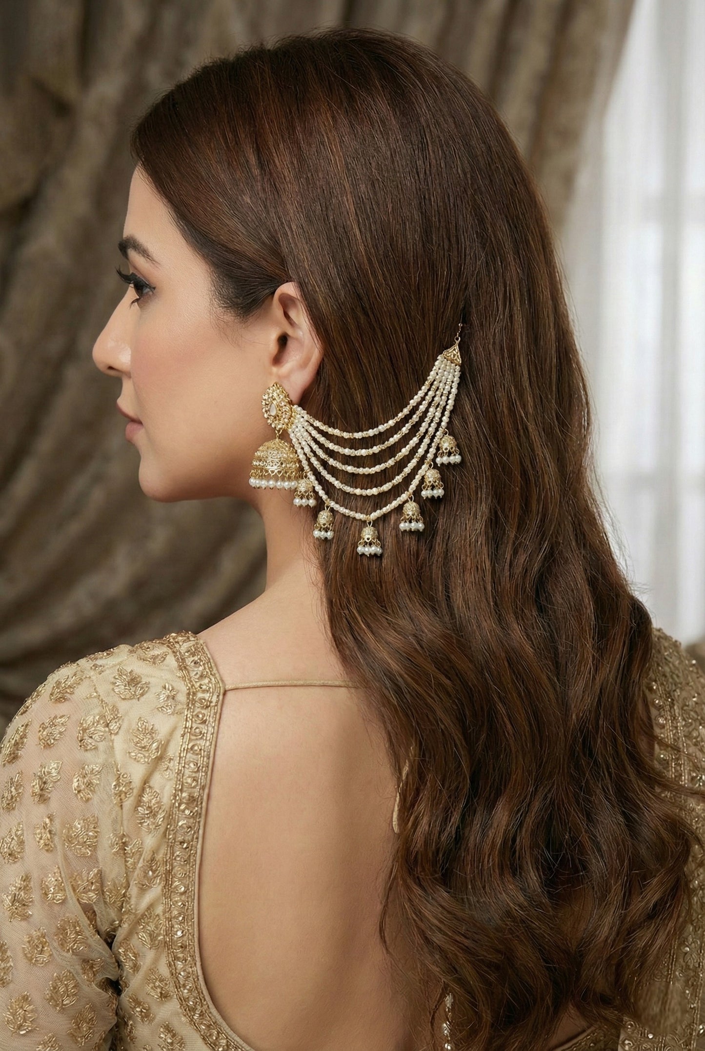 Meira Jewellery Traditional Pearl Ear Chain with Beaded Jhumki Drops, Multi-Layer Kaan Chain, Bridal Jewellery, Premium Gold Plated Indian Ethnic Hair to Ear Accessory for Wedding, Festive & Party-06