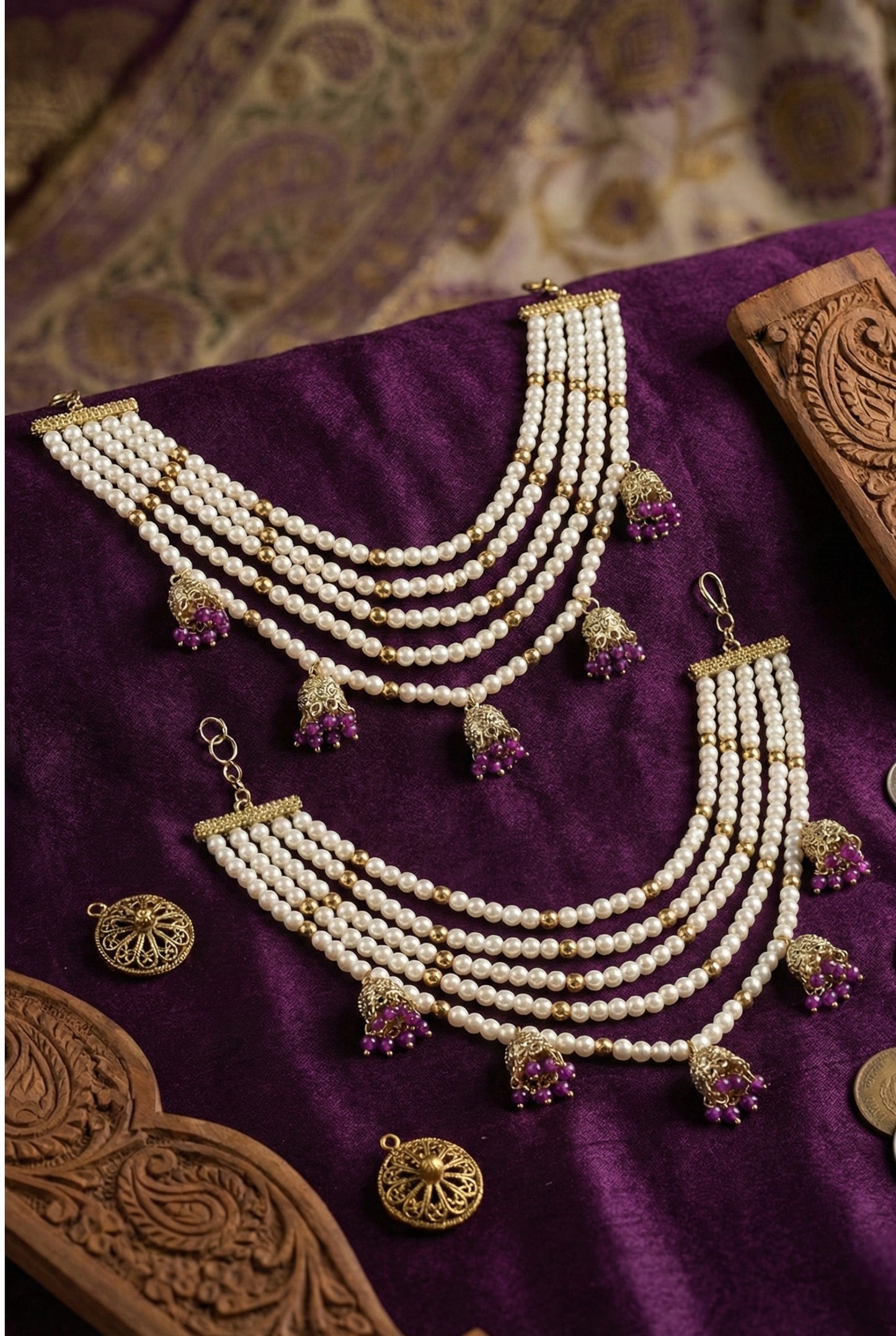 Meira Jewellery Traditional Pearl Ear Chain with Beaded Jhumki Drops, Multi-Layer Kaan Chain, Bridal Jewellery, Premium Gold Plated Indian Ethnic Hair to Ear Accessory for Wedding, Festive & Party-07