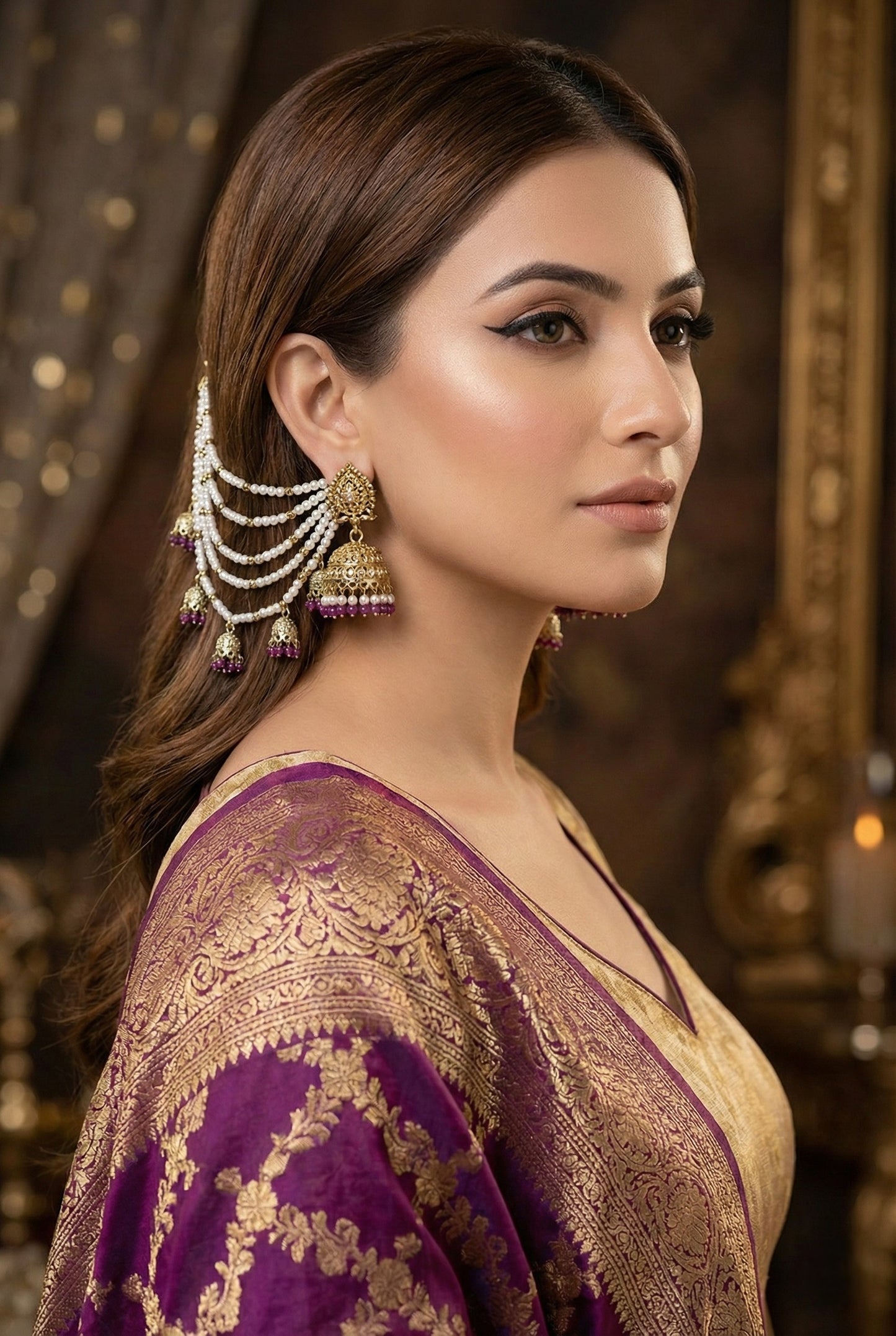 Meira Jewellery Traditional Pearl Ear Chain with Beaded Jhumki Drops, Multi-Layer Kaan Chain, Bridal Jewellery, Premium Gold Plated Indian Ethnic Hair to Ear Accessory for Wedding, Festive & Party-07