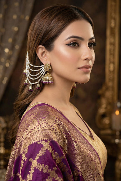 Meira Jewellery Traditional Pearl Ear Chain with Beaded Jhumki Drops, Multi-Layer Kaan Chain, Bridal Jewellery, Premium Gold Plated Indian Ethnic Hair to Ear Accessory for Wedding, Festive & Party-07