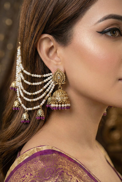 Meira Jewellery Traditional Pearl Ear Chain with Beaded Jhumki Drops, Multi-Layer Kaan Chain, Bridal Jewellery, Premium Gold Plated Indian Ethnic Hair to Ear Accessory for Wedding, Festive & Party-07
