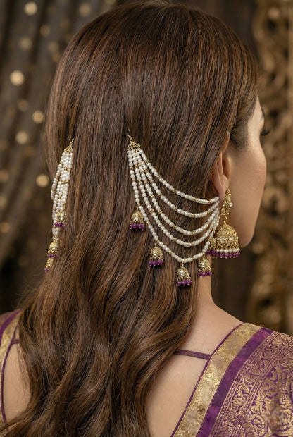 Meira Jewellery Traditional Pearl Ear Chain with Beaded Jhumki Drops, Multi-Layer Kaan Chain, Bridal Jewellery, Premium Gold Plated Indian Ethnic Hair to Ear Accessory for Wedding, Festive & Party-07