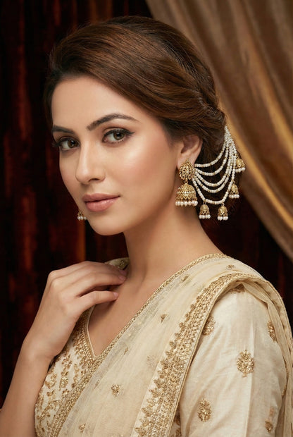 Meira Jewellery Traditional Pearl Ear Chain with Beaded Jhumki Drops, Multi-Layer Kaan Chain, Bridal Jewellery, Premium Gold Plated Indian Ethnic Hair to Ear Accessory for Wedding, Festive & Party-08