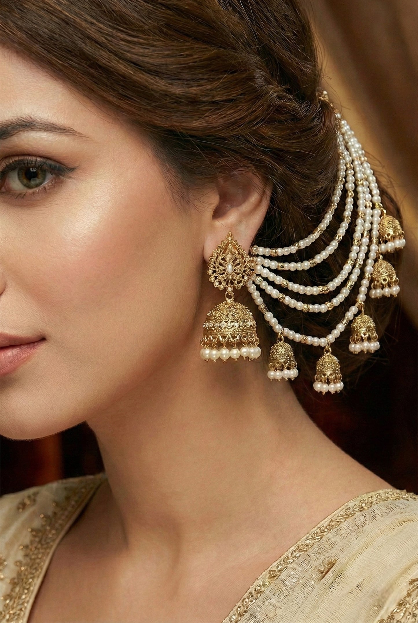 Meira Jewellery Traditional Pearl Ear Chain with Beaded Jhumki Drops, Multi-Layer Kaan Chain, Bridal Jewellery, Premium Gold Plated Indian Ethnic Hair to Ear Accessory for Wedding, Festive & Party-08