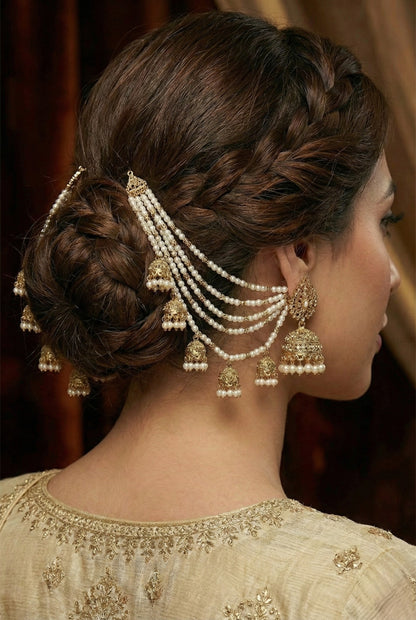 Meira Jewellery Traditional Pearl Ear Chain with Beaded Jhumki Drops, Multi-Layer Kaan Chain, Bridal Jewellery, Premium Gold Plated Indian Ethnic Hair to Ear Accessory for Wedding, Festive & Party-08