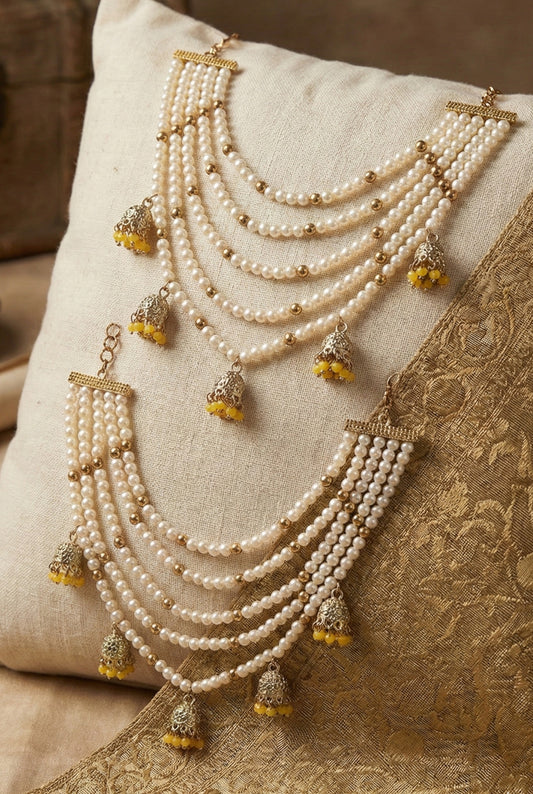 Meira Jewellery Traditional Pearl Ear Chain with Beaded Jhumki Drops, Multi-Layer Kaan Chain, Bridal Jewellery, Premium Gold Plated Indian Ethnic Hair to Ear Accessory for Wedding, Festive & Party-09