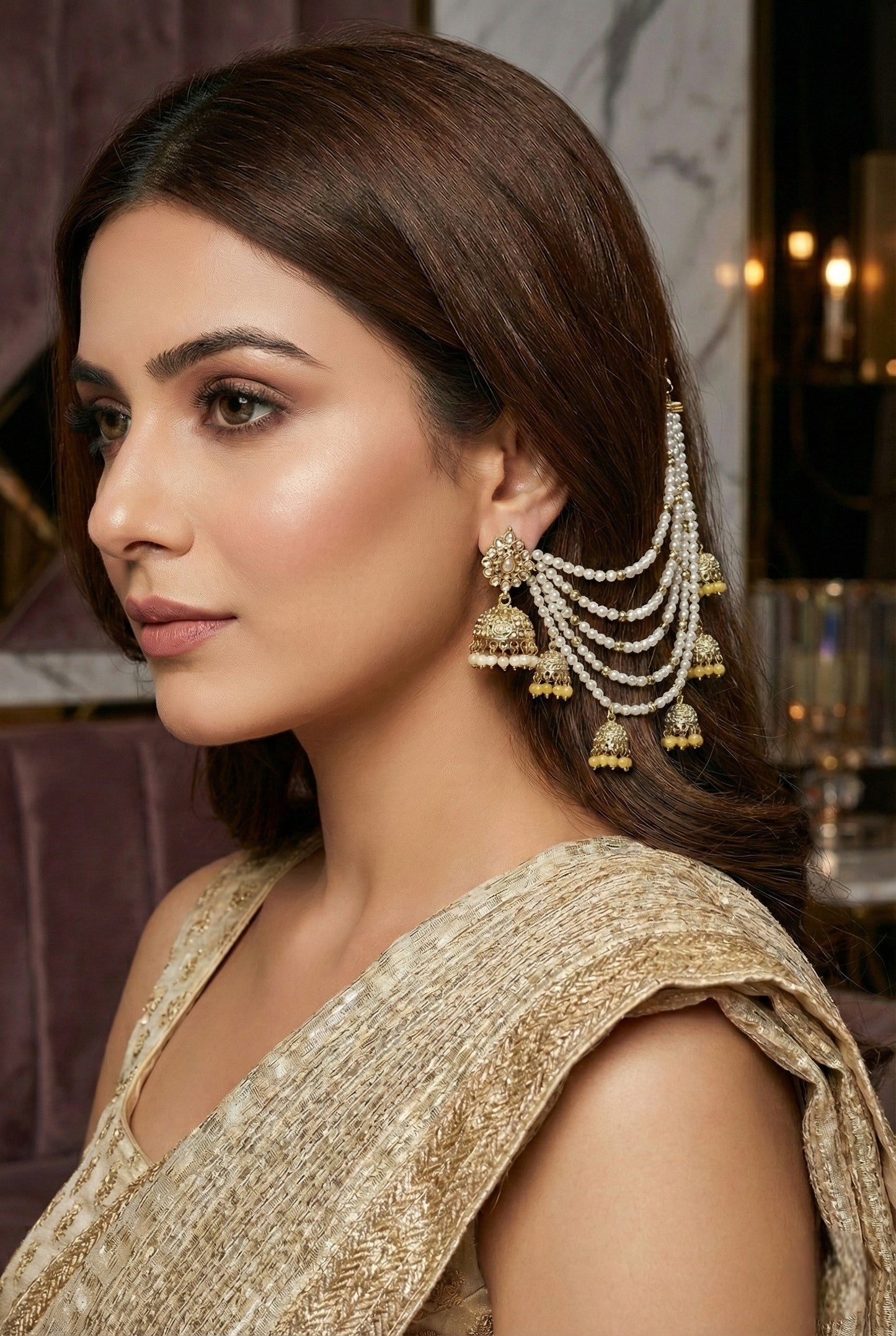 Meira Jewellery Traditional Pearl Ear Chain with Beaded Jhumki Drops, Multi-Layer Kaan Chain, Bridal Jewellery, Premium Gold Plated Indian Ethnic Hair to Ear Accessory for Wedding, Festive & Party-09