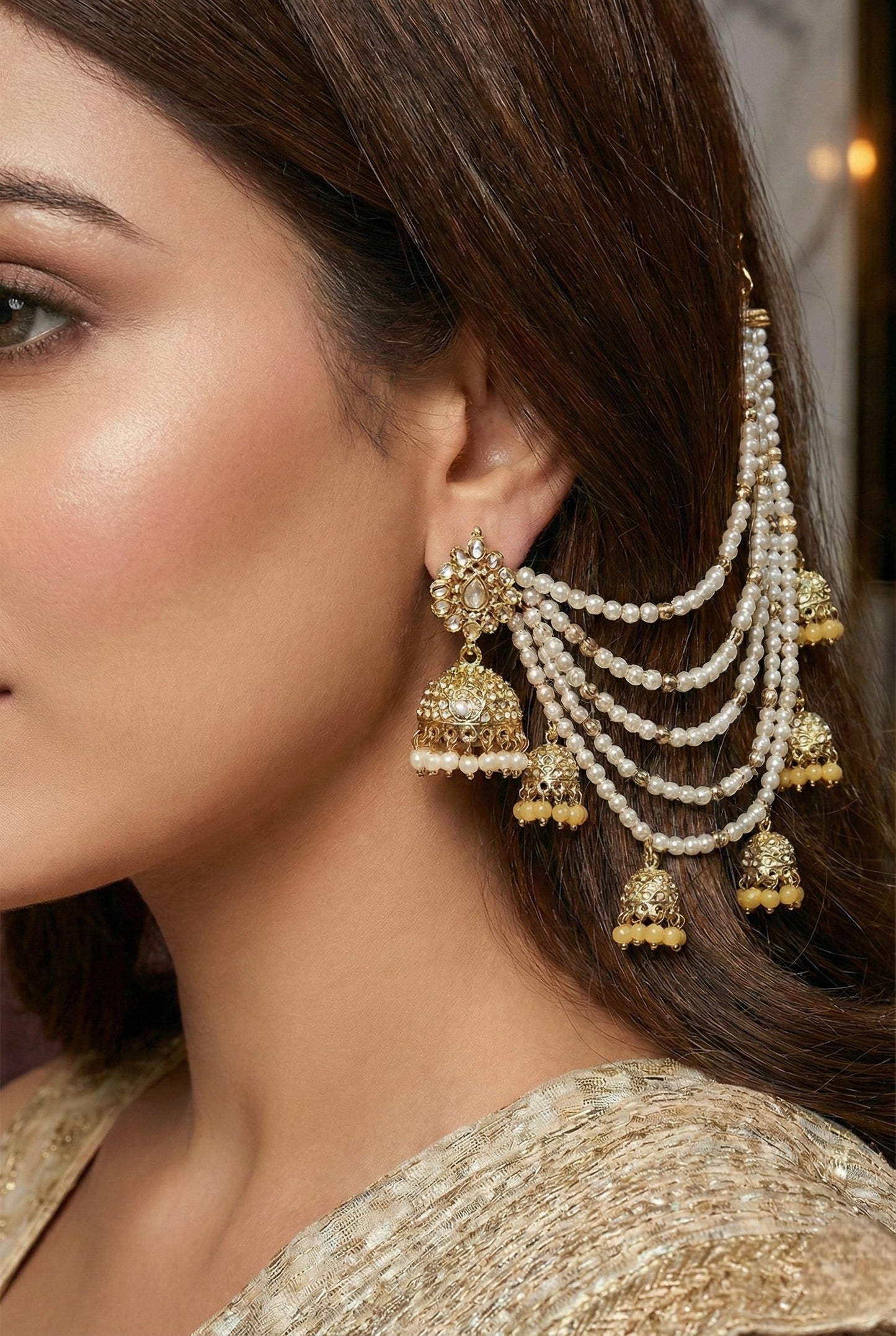 Meira Jewellery Traditional Pearl Ear Chain with Beaded Jhumki Drops, Multi-Layer Kaan Chain, Bridal Jewellery, Premium Gold Plated Indian Ethnic Hair to Ear Accessory for Wedding, Festive & Party-09