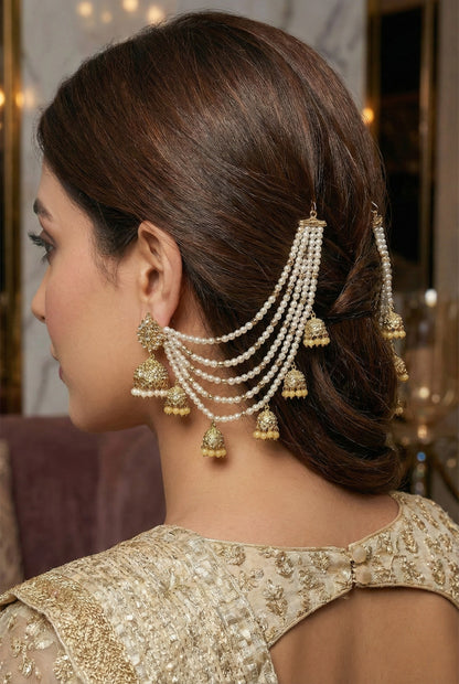 Meira Jewellery Traditional Pearl Ear Chain with Beaded Jhumki Drops, Multi-Layer Kaan Chain, Bridal Jewellery, Premium Gold Plated Indian Ethnic Hair to Ear Accessory for Wedding, Festive & Party-09