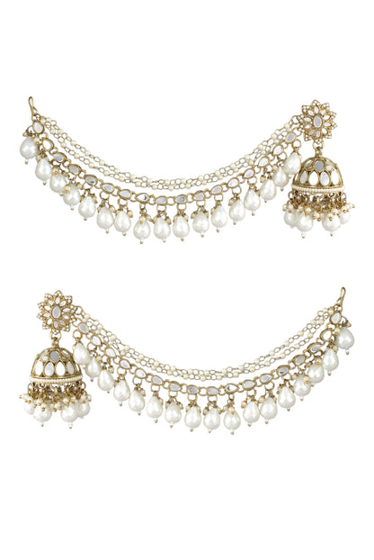 Gold-Plated Mirror Work Jhumka with Pearl Layered Ear Chain for Women