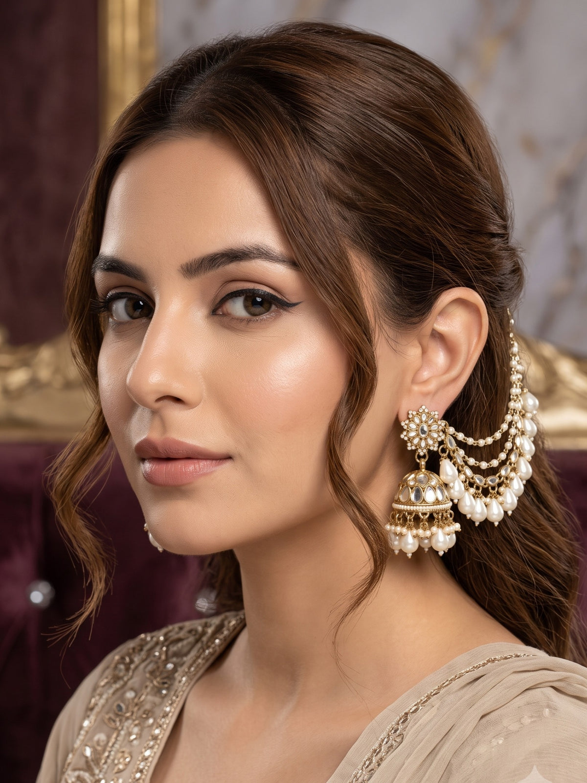 Gold-Plated Mirror Work Jhumka with Pearl Layered Ear Chain for Women