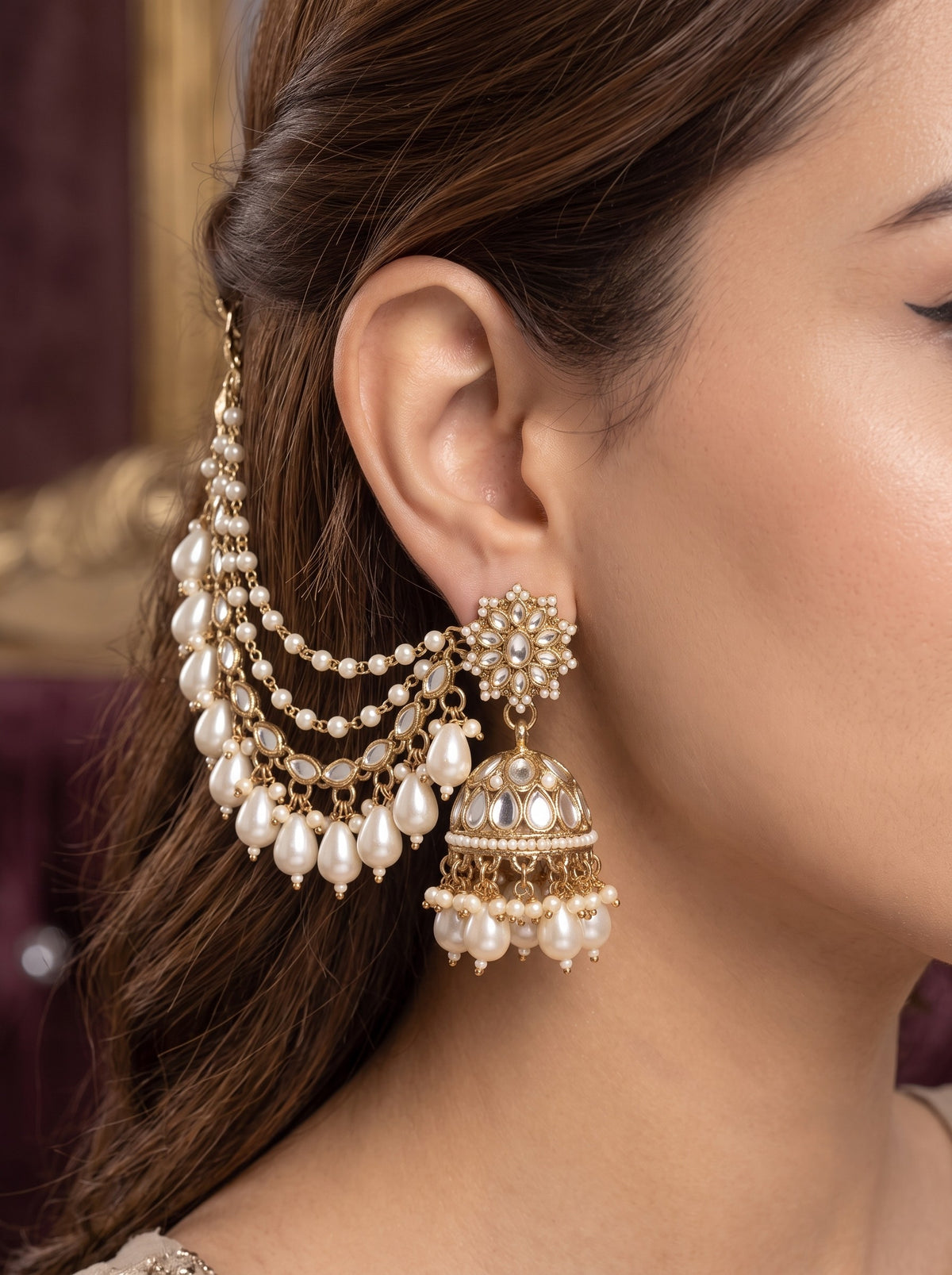 Gold-Plated Mirror Work Jhumka with Pearl Layered Ear Chain for Women